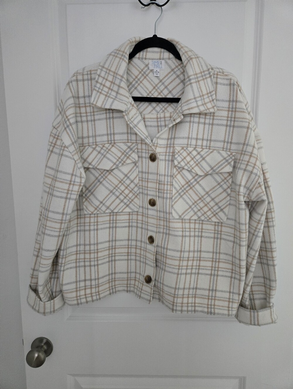Women's Neutral Plaid Slightly Cropped Button-Up Shacket